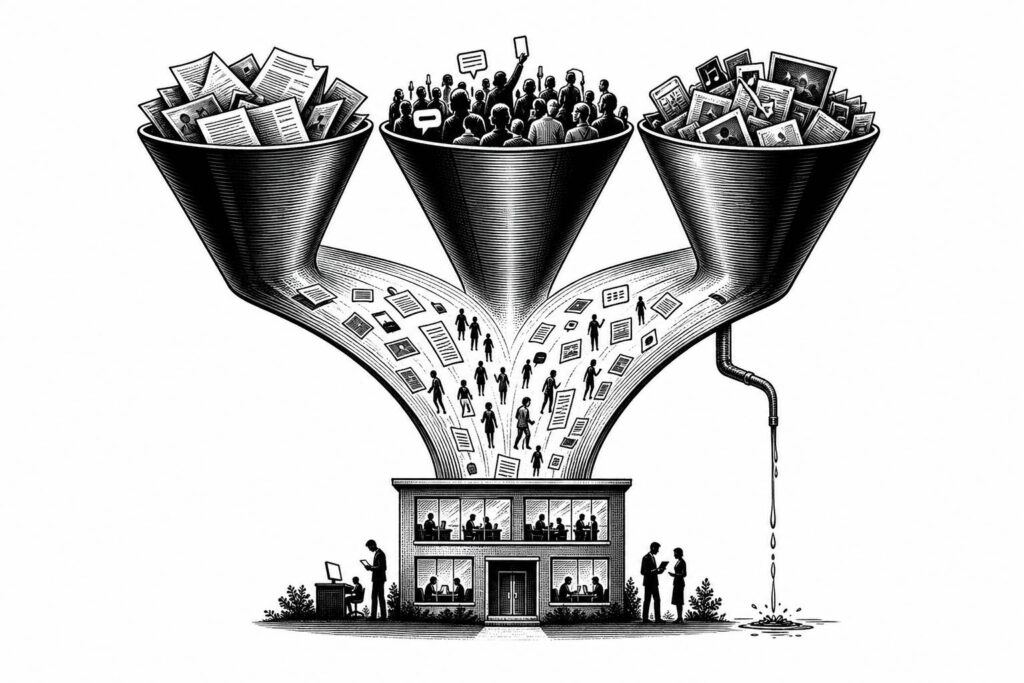 A company sends content and people into three platform funnels while little value returns.