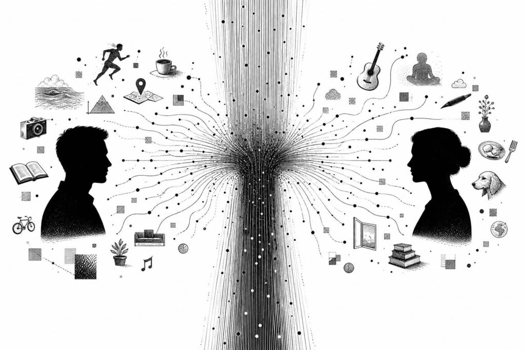 Two personal profiles feed a dense central stream of information.