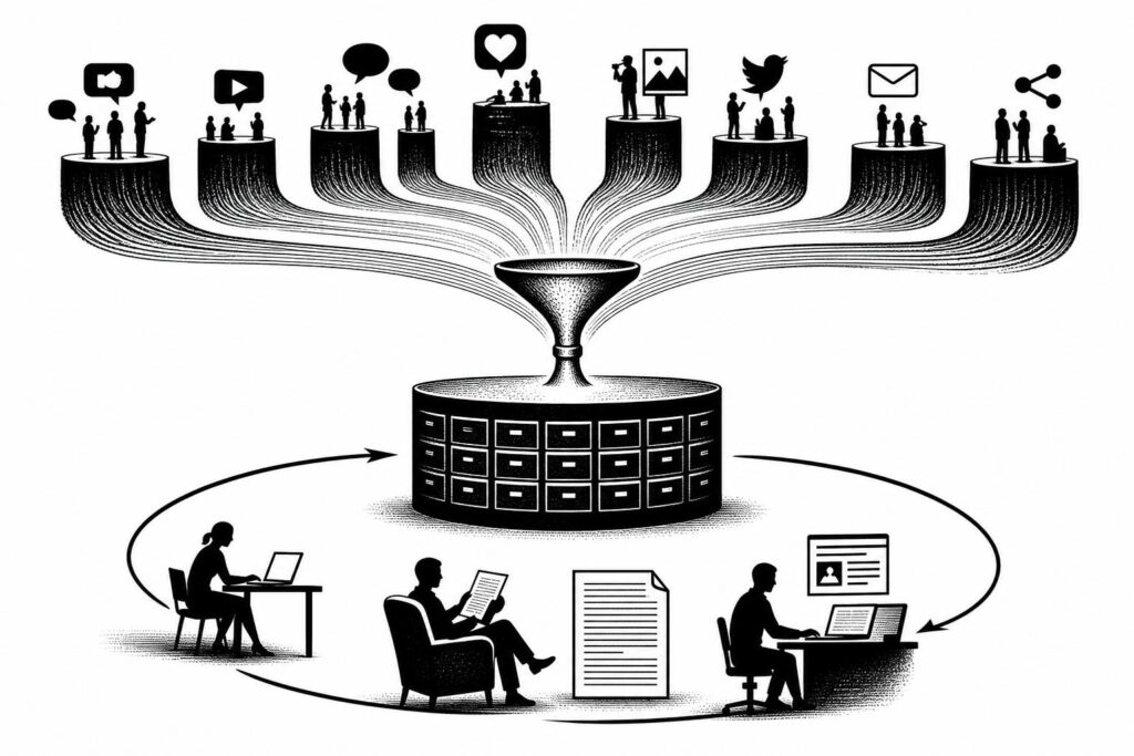 External platform activity flows into an organization-owned archive and back to its users.