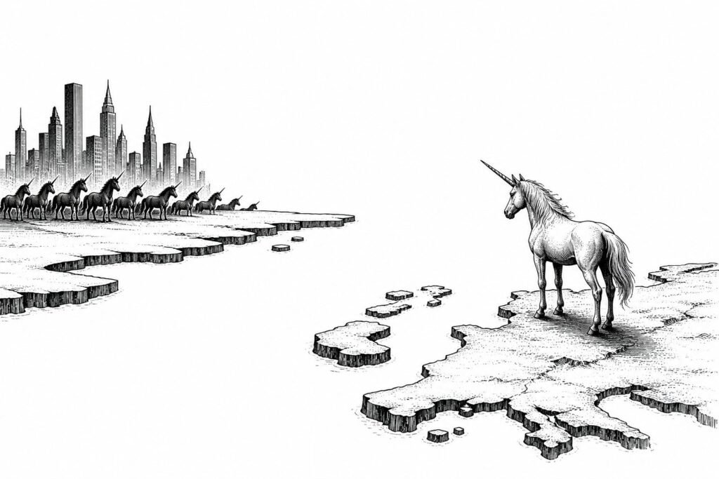 One unicorn looks across a divide toward a distant cluster of unicorns and a city.