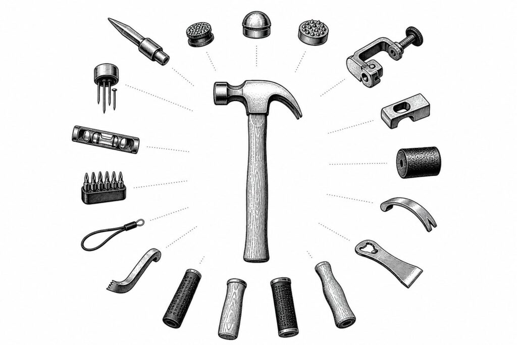 A simple hammer is surrounded by many optional attachments and features.