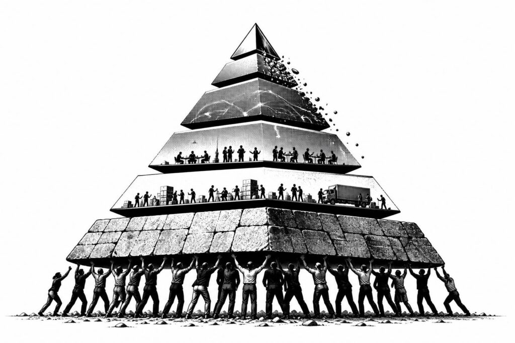 A fragile decorative pyramid rests on products, services, behavior, and the people supporting them.