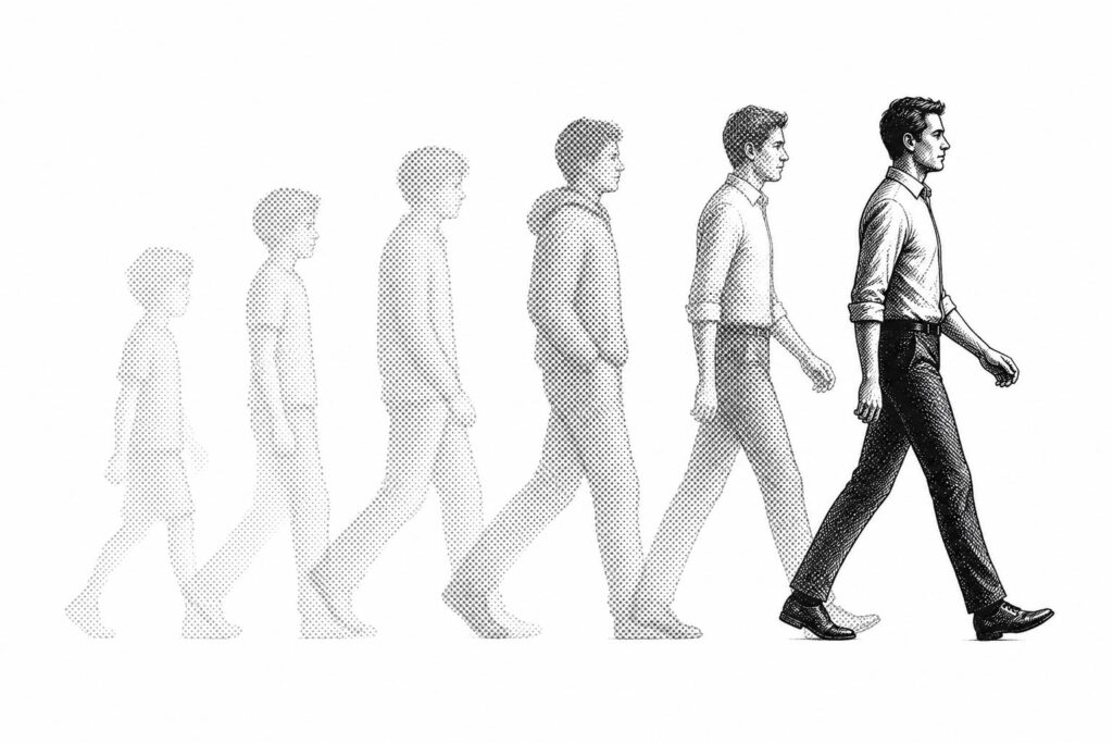 Successive versions of one person move through time, fading into halftone traces.