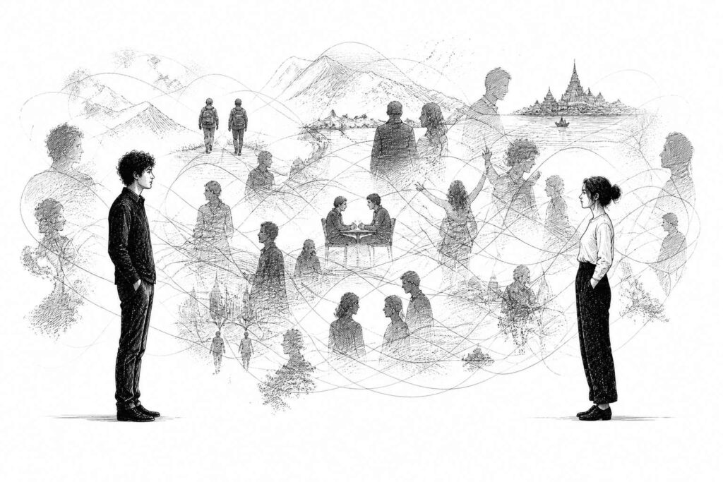 Two people are linked by a field of shared memories and past interactions.