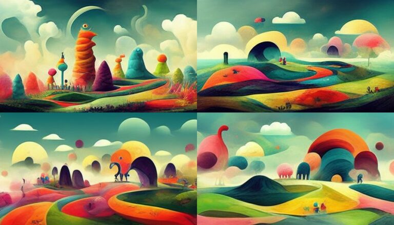 Childrens illustration of surreal landscape with colorful abstract beings