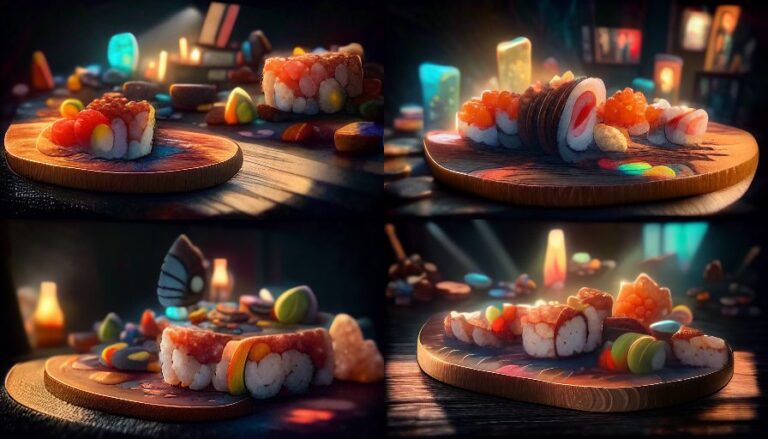 sushi out of candy on a wooden plate, Animated Film, Cinematography, Atmosphere, Highly Detailed Heavenly Dramatic Lighting, Highly Realistic Cinematic Lighting, Volumetric Lighting, Photography, Anime Style, Cinema, Epic High Dynamic Lighting, HDR