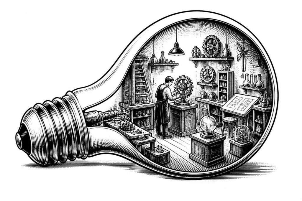 A workshop of experiments and prototypes operates inside a lightbulb.