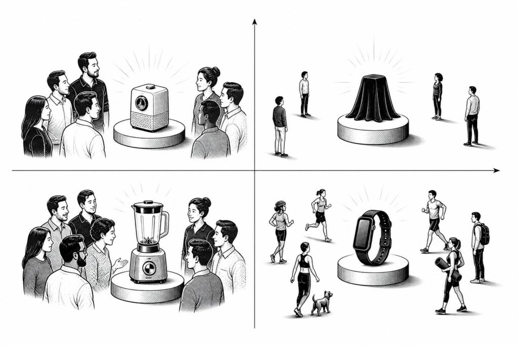 Four quadrants show familiar and new products meeting established and new audiences.