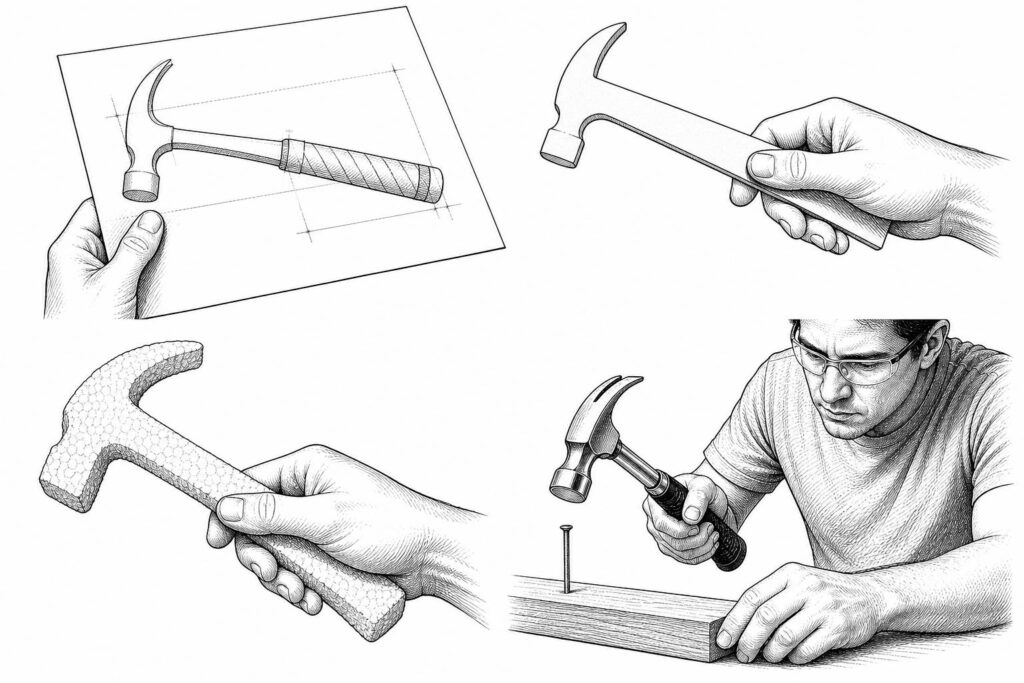 Four stages compare a drawing, paper cutout, foam prototype, and working hammer.