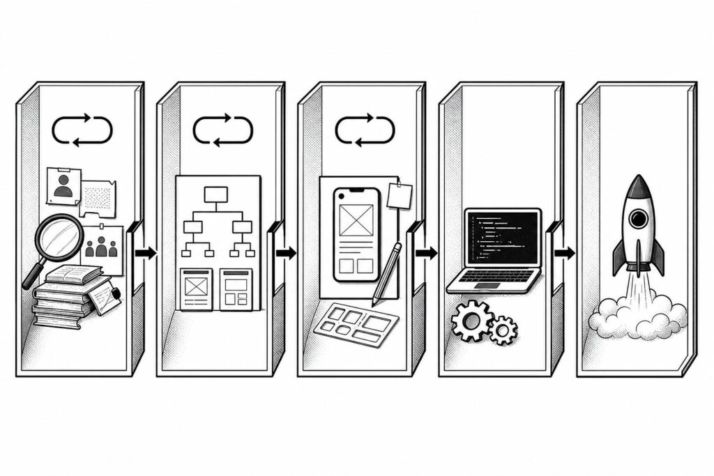 Five isolated stages move from research through structure, design, implementation, and launch.