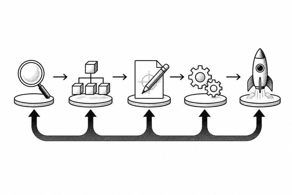 A feedback loop connects every stage from research through launch.