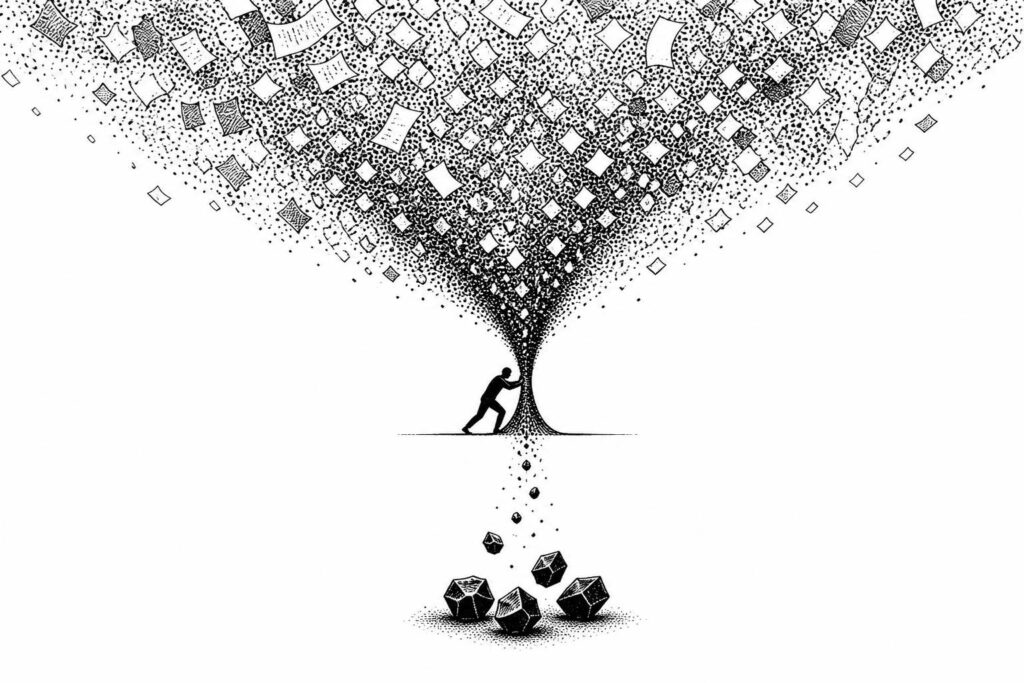 A person constrains a vast funnel of unread information into a few valuable pieces.