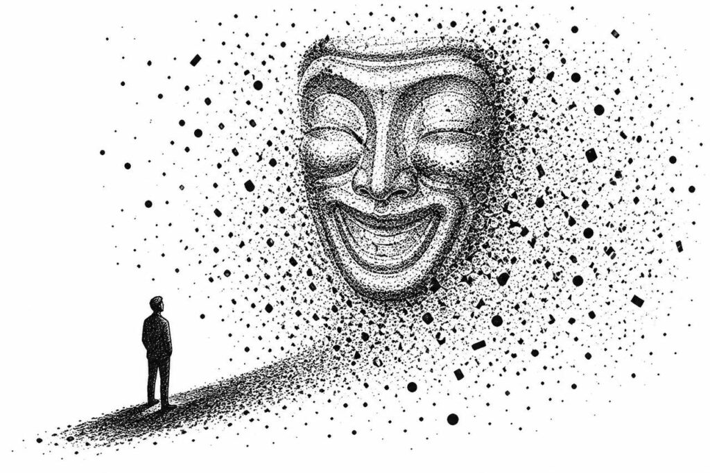 A cloud of scattered information resolves into a meaningful face before an observer.
