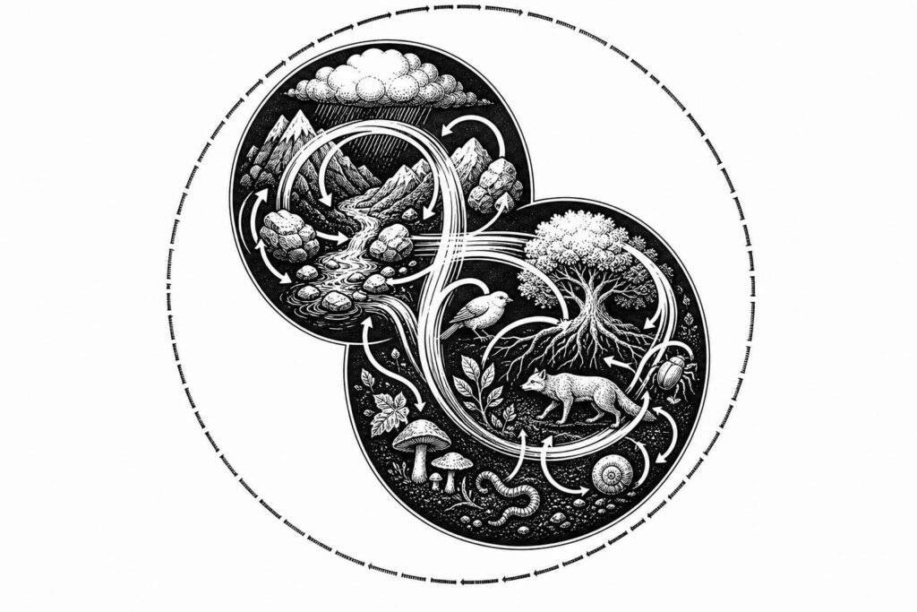 Energy loops connect physical and biological components into one living system.