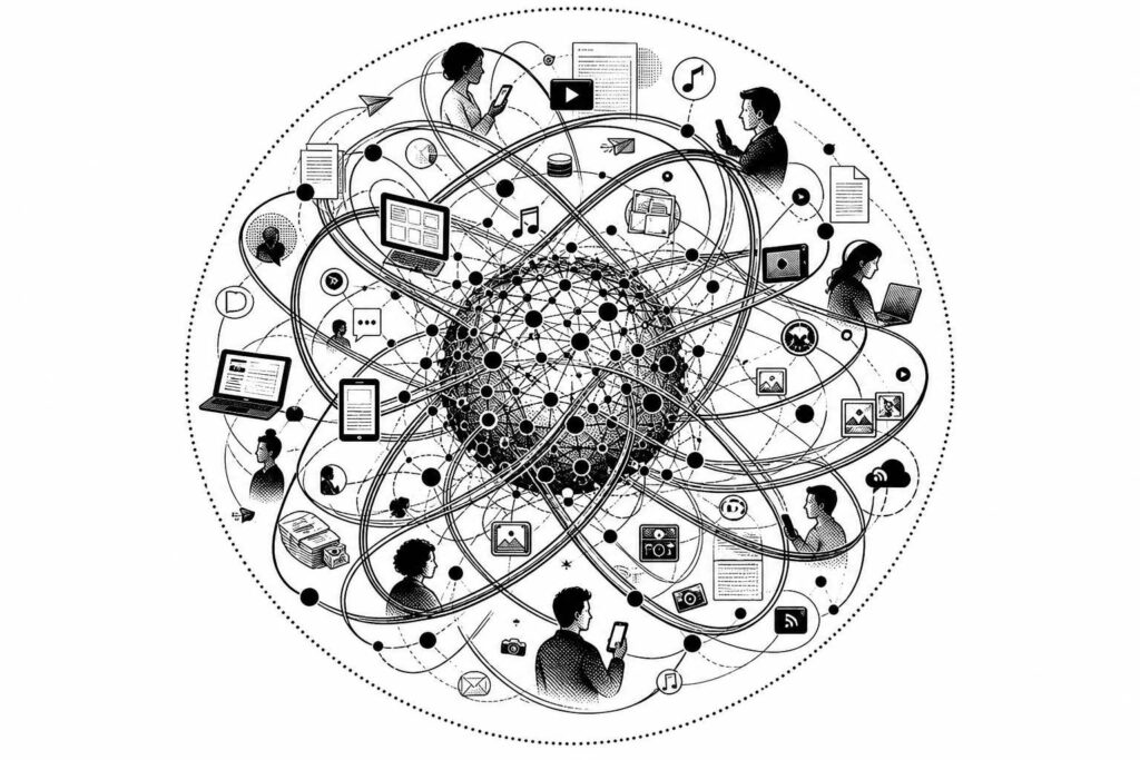 People, devices, media, and information orbit a dense connected network.