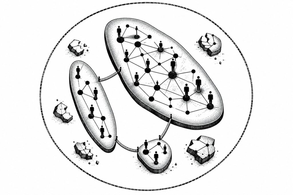 Separate network islands connect through narrow bridges while other fragments remain isolated.