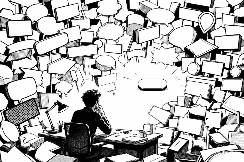 A founder searches for one clear mark within an overwhelming field of empty names.