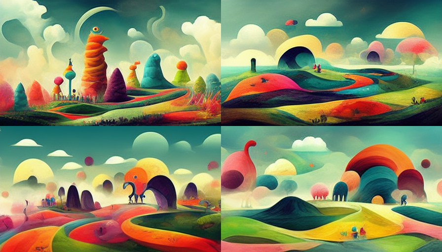 Childrens illustration of surreal landscape with colorful abstract beings