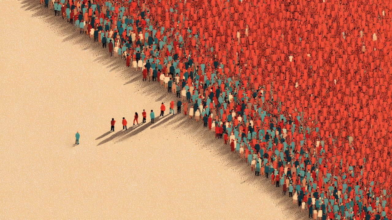 One individual stands apart from a large crowd, illustrating the 1/9/90 participation divide.